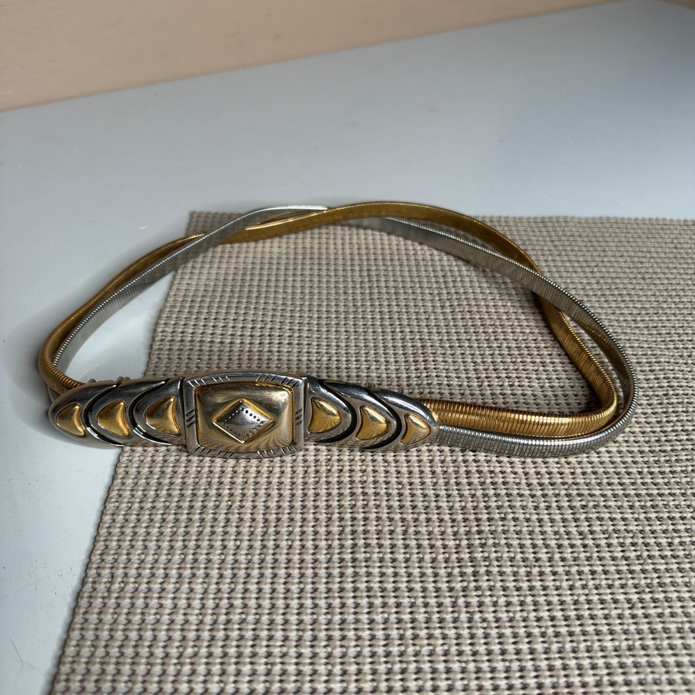 Vintage Dame Belt Two Tone Gold Silver Metal Snake Chain Stretch Belt Buckle